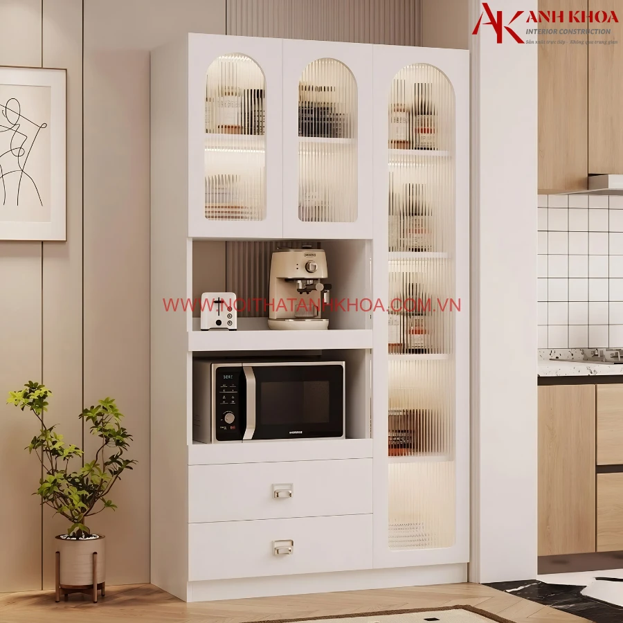Tủ Chén Nhà Bếp Gỗ MDF Màu Trắng Phối Cánh Kính