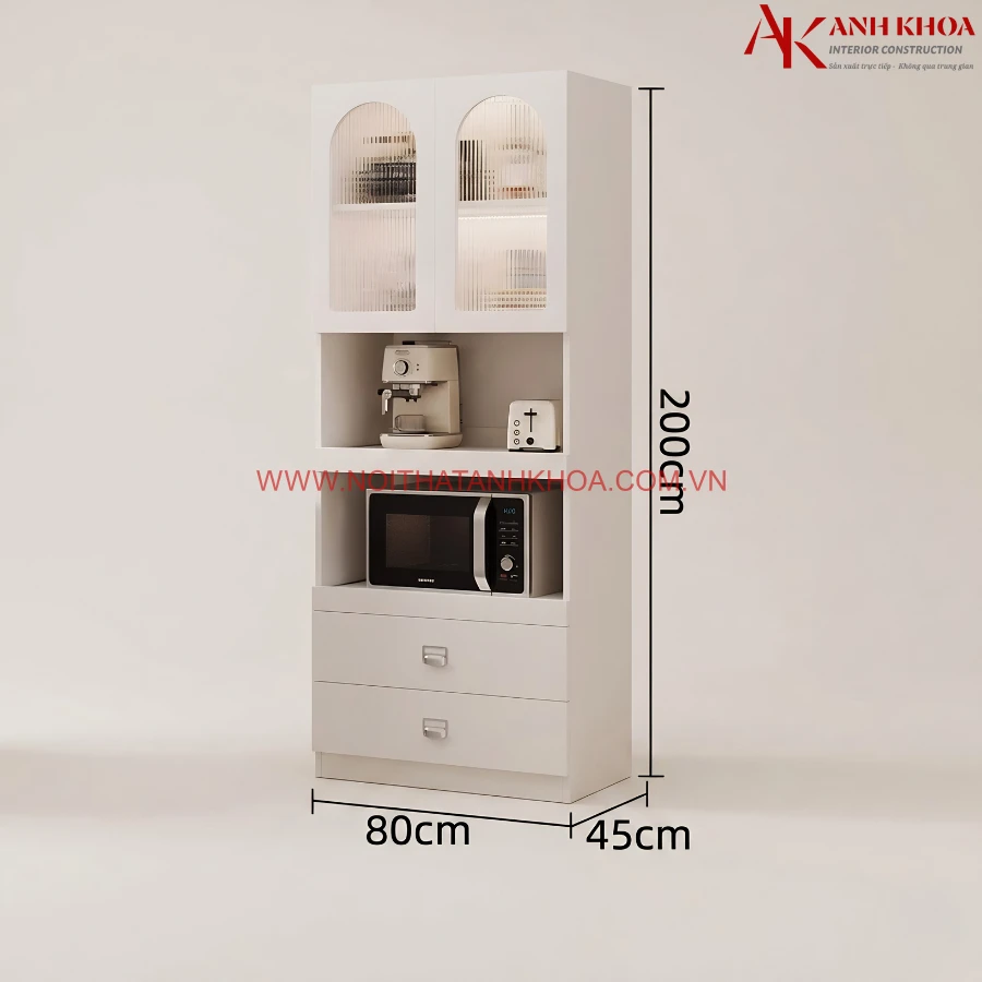 Tủ Chén Nhà Bếp Gỗ MDF Màu Trắng Phối Cánh Kính