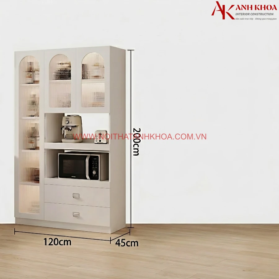 Tủ Chén Nhà Bếp Gỗ MDF Màu Trắng Phối Cánh Kính