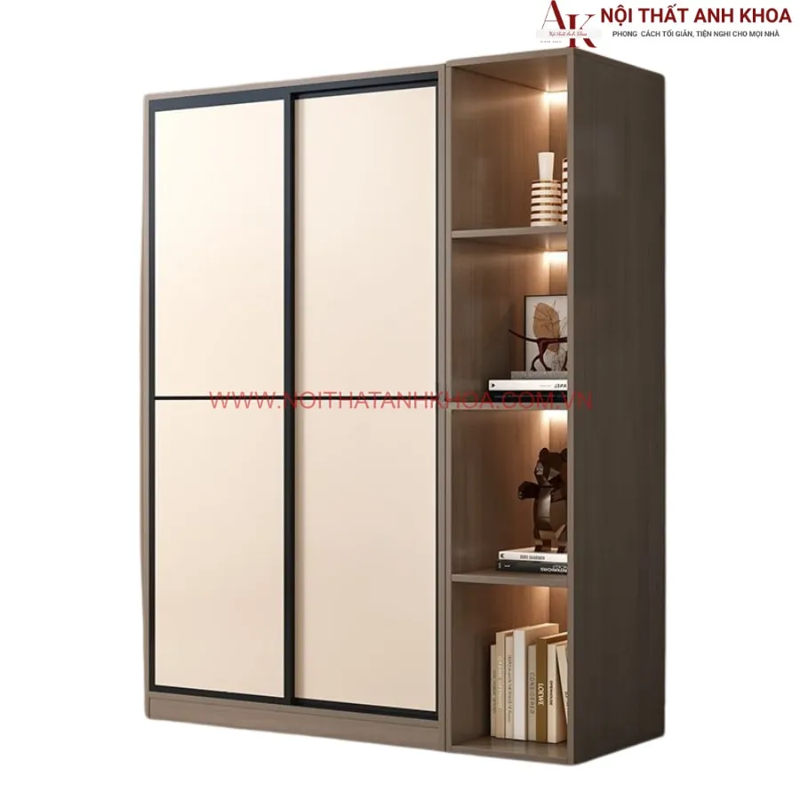 Tủ Cửa Lùa Gỗ MDF Màu Xám Phối Cánh Trắng