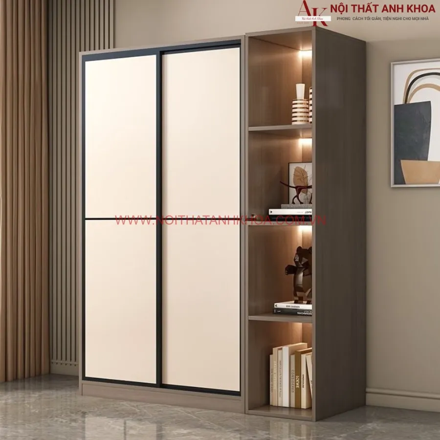 Tủ Cửa Lùa Gỗ MDF Màu Xám Phối Cánh Trắng
