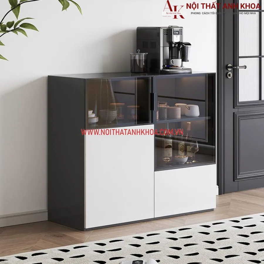 Tủ Để Chén Bát Gỗ Công Nghiệp Kết Hợp Cánh Kính Sang Trọng