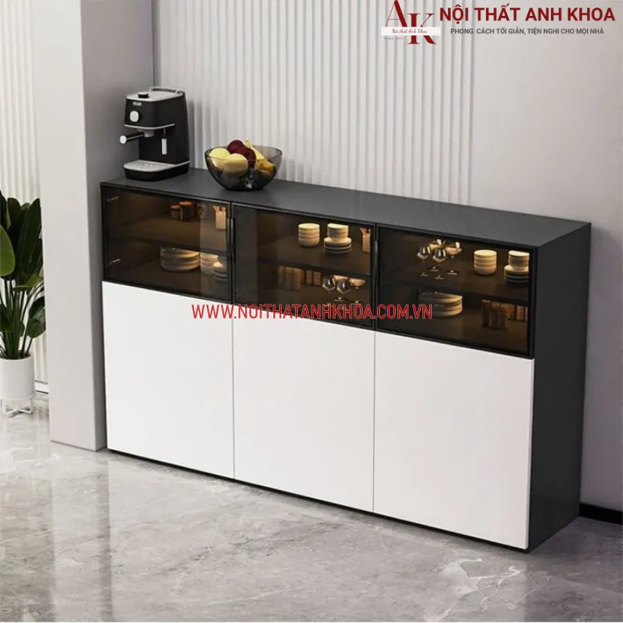 Tủ Để Chén Bát Gỗ Công Nghiệp Kết Hợp Cánh Kính Sang Trọng
