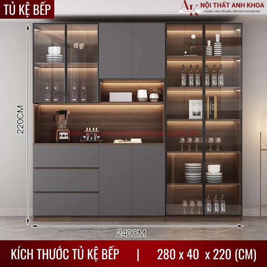 Tủ Để Đồ Nhà Bếp Gỗ Công Nghiệp Cánh Kính