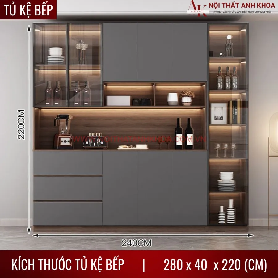 Tủ Để Đồ Nhà Bếp Gỗ Công Nghiệp Cánh Kính