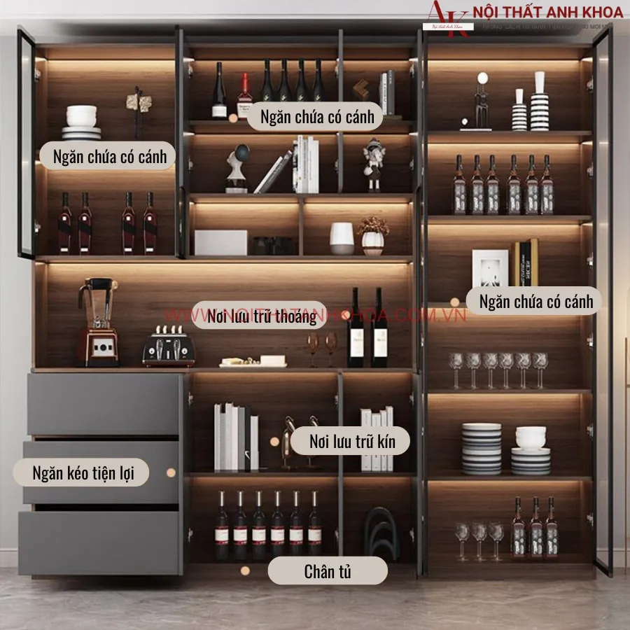 Tủ Để Đồ Nhà Bếp Gỗ Công Nghiệp Cánh Kính