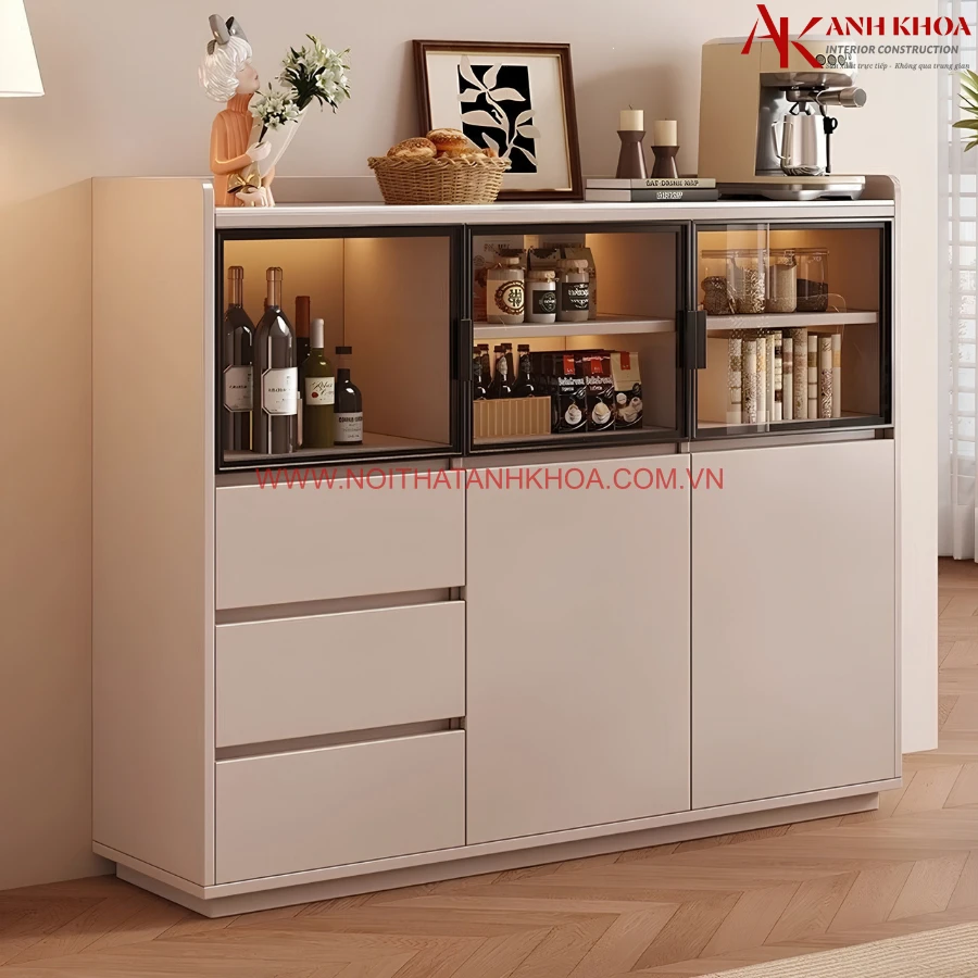 Tủ Để Nhà Bếp Gỗ MDF Phối Cánh kính