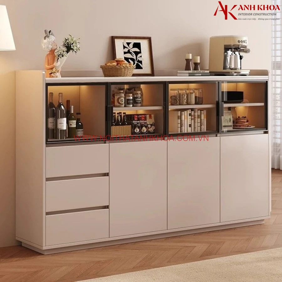Tủ Để Nhà Bếp Gỗ MDF Phối Cánh kính