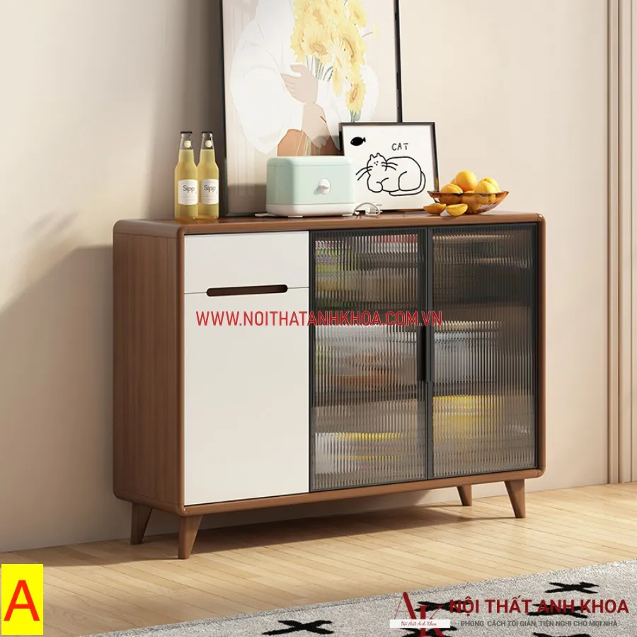 Tủ Đựng Đồ Khô Nhà Bếp Gỗ Công Nghiệp Kết Hợp Cánh Kính Hiện Đại