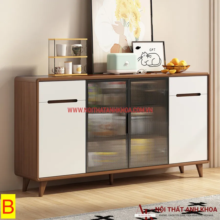 Tủ Đựng Đồ Khô Nhà Bếp Gỗ Công Nghiệp Kết Hợp Cánh Kính Hiện Đại