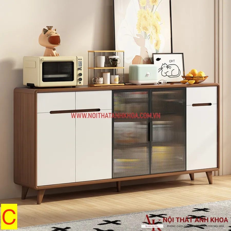 Tủ Đựng Đồ Khô Nhà Bếp Gỗ Công Nghiệp Kết Hợp Cánh Kính Hiện Đại