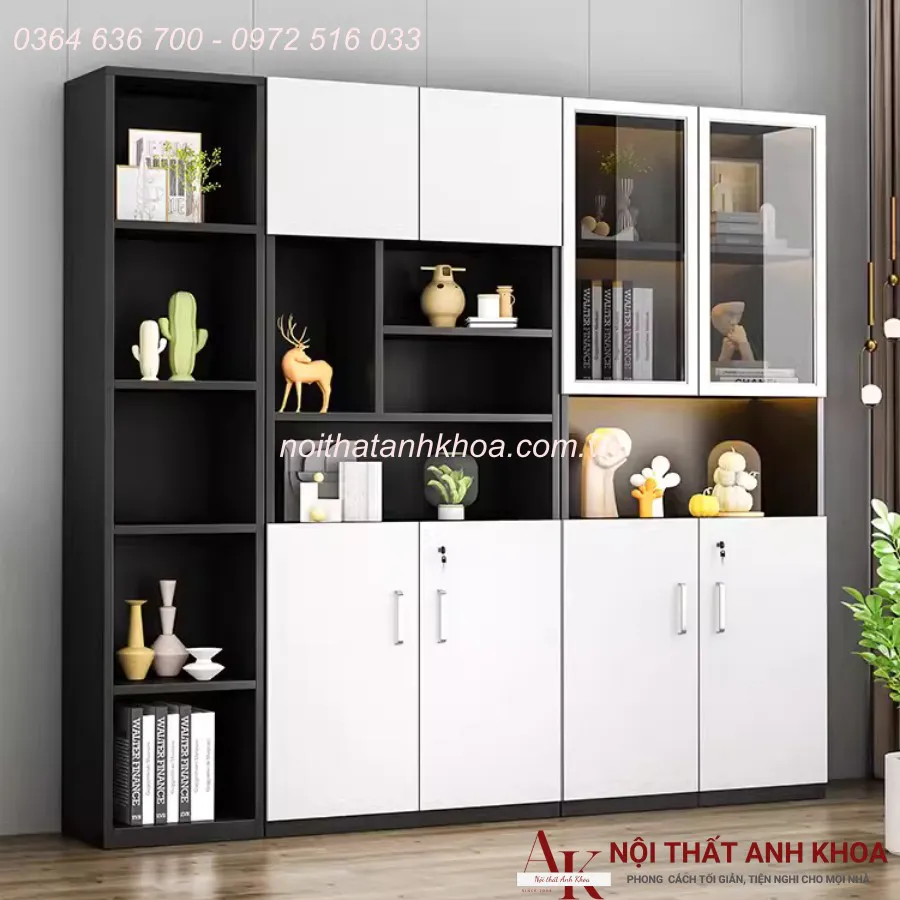 Tủ Đựng Hồ Sơ Văn Phòng Gỗ Công Nghiệp Màu Đen Phối Trắng Đẹp