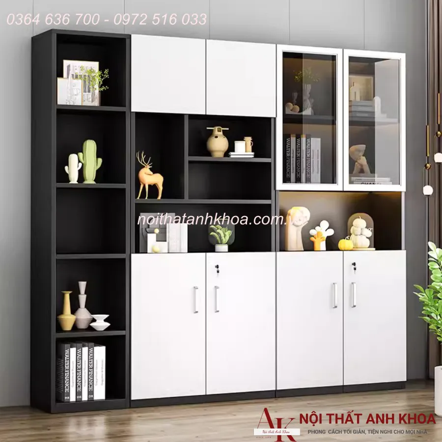 Tủ Đựng Hồ Sơ Văn Phòng Gỗ Công Nghiệp Màu Đen Phối Trắng Đẹp