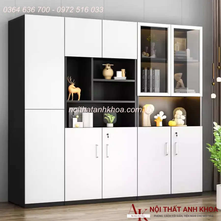 Tủ Đựng Hồ Sơ Văn Phòng Gỗ Công Nghiệp Màu Đen Phối Trắng Đẹp