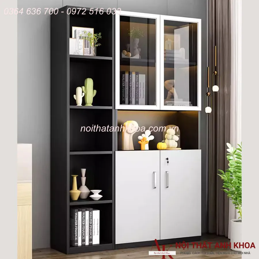 Tủ Đựng Hồ Sơ Văn Phòng Gỗ Công Nghiệp Màu Đen Phối Trắng Đẹp