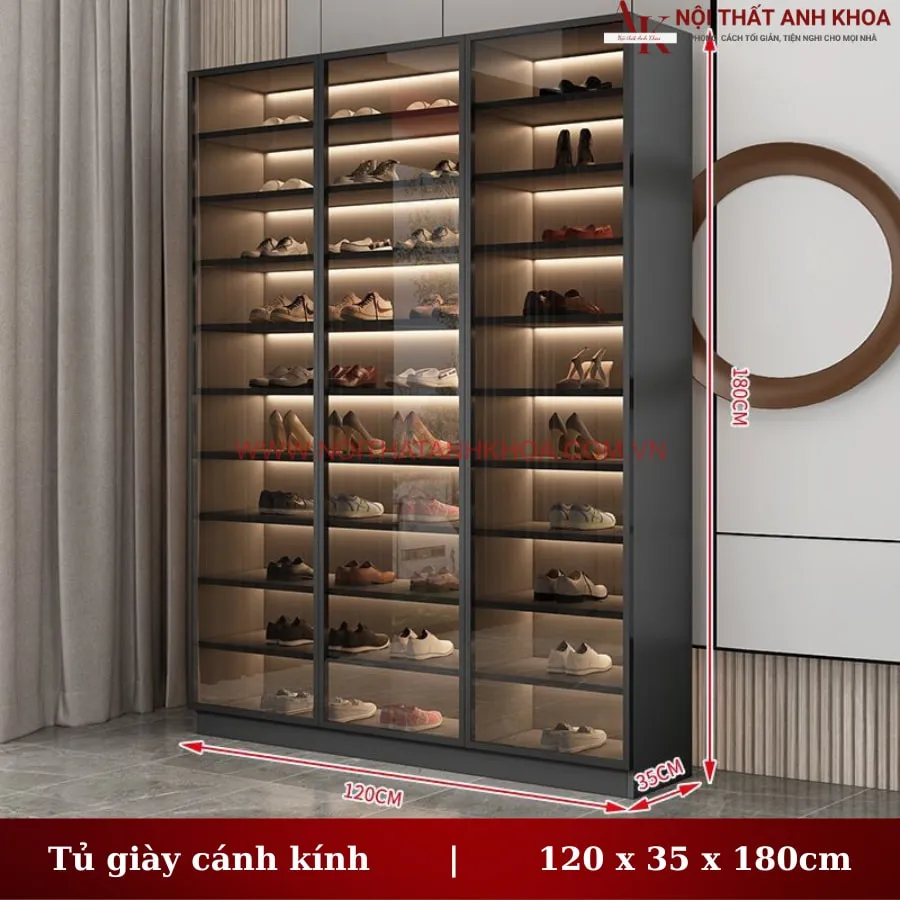 Tủ Giày Cánh Kính Khung Gỗ Công Nghiệp Có Led