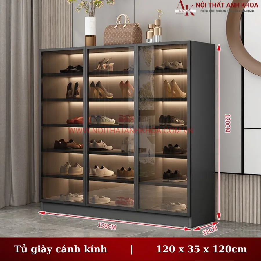Tủ Giày Cánh Kính Khung Gỗ Công Nghiệp Có Led