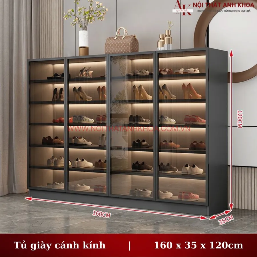 Tủ Giày Cánh Kính Khung Gỗ Công Nghiệp Có Led