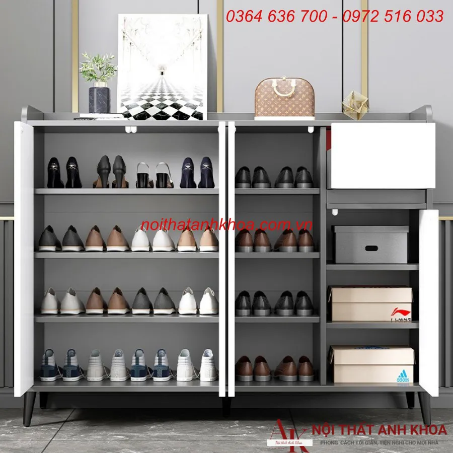 Tủ Giày Chung Cư Gỗ Công Nghiệp Màu Xám Phối Trắng Cao Cấp