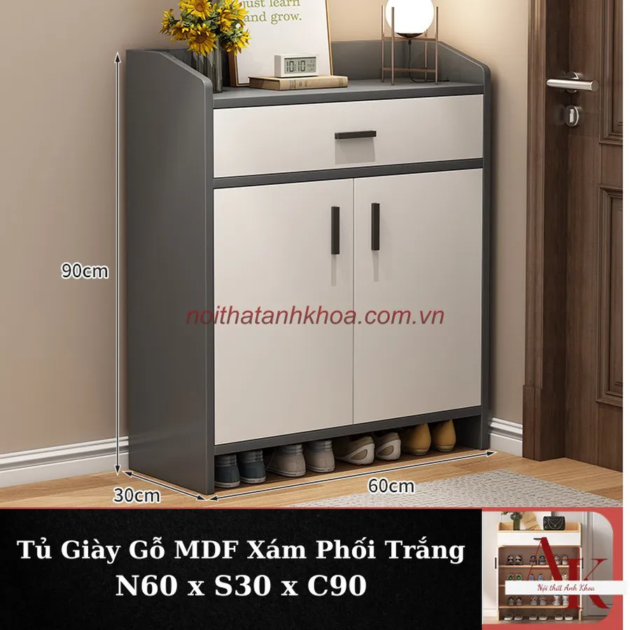 Tủ Giày Dép Gỗ MDF Màu Xám Phối Cánh Trắng Sang Trọng Tiện Nghi