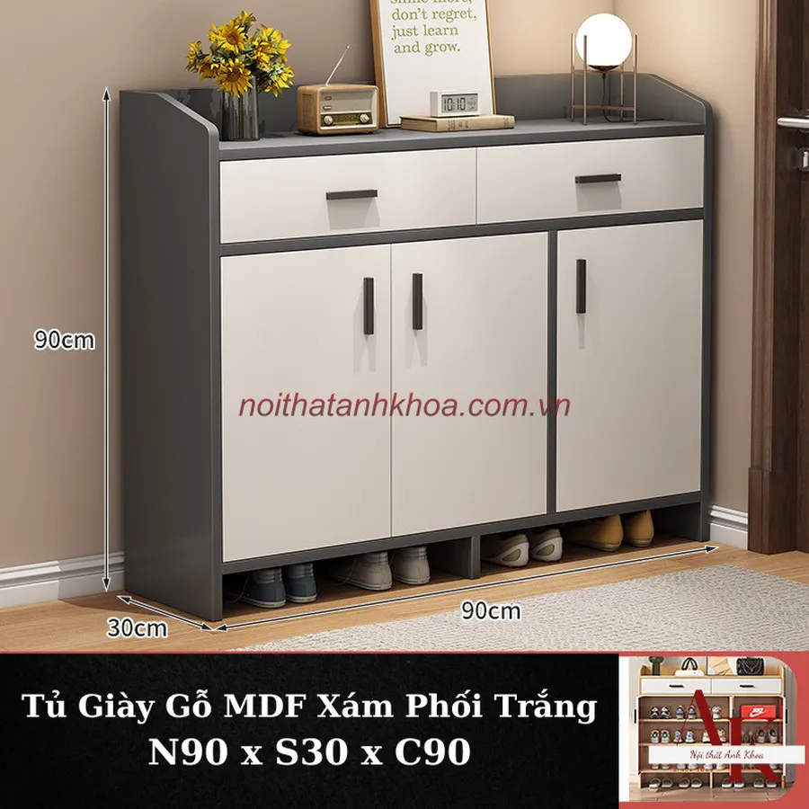 Tủ Giày Dép Gỗ MDF Màu Xám Phối Cánh Trắng Sang Trọng Tiện Nghi