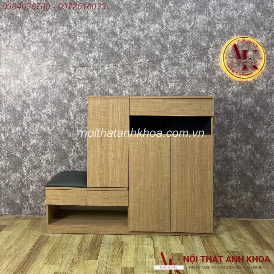 Tủ Giày Gỗ Công Nghiệp Màu Vàng Phối Xám Thiết Kế Ghế Ngồi Hiện Đại