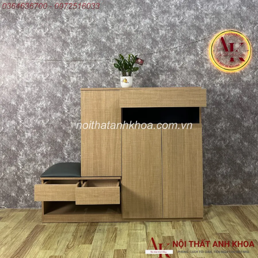 Tủ Giày Gỗ Công Nghiệp Màu Vàng Phối Xám Thiết Kế Ghế Ngồi Hiện Đại