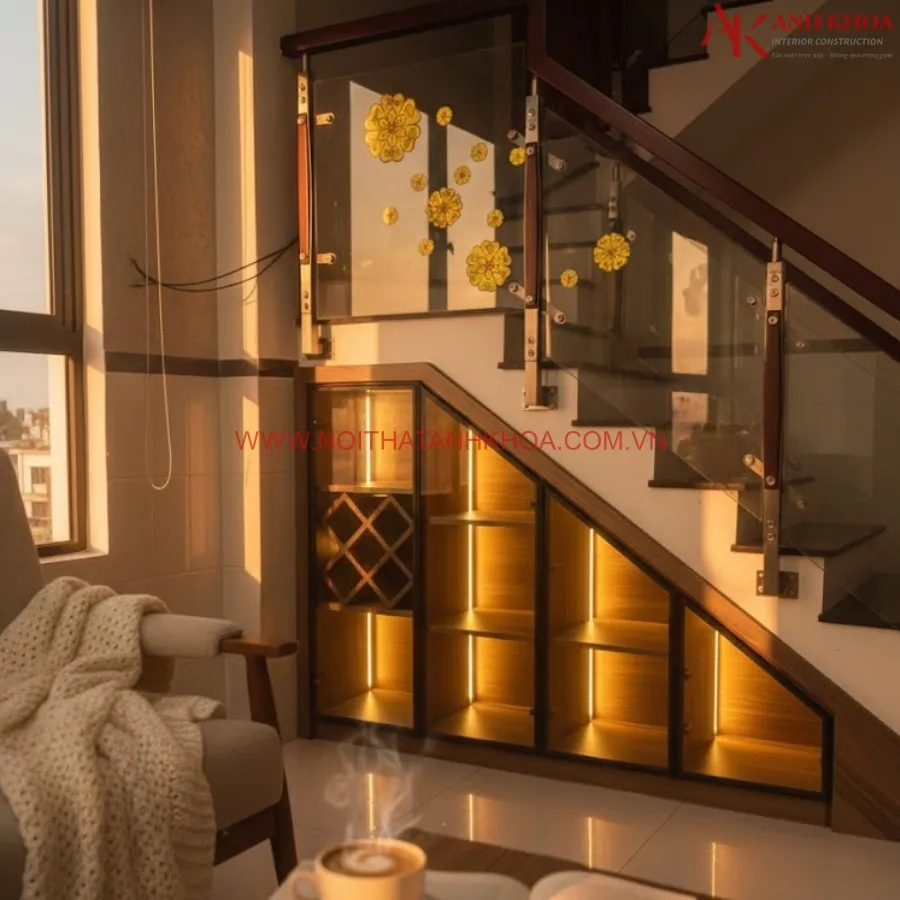 Tủ Kệ Dưới Gầm Cầu Thang Gỗ Công Nghiệp Kết Hợp Cánh Kính