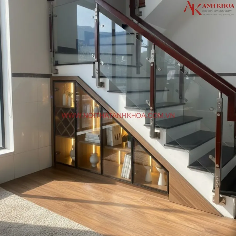 Tủ Kệ Dưới Gầm Cầu Thang Gỗ Công Nghiệp Kết Hợp Cánh Kính