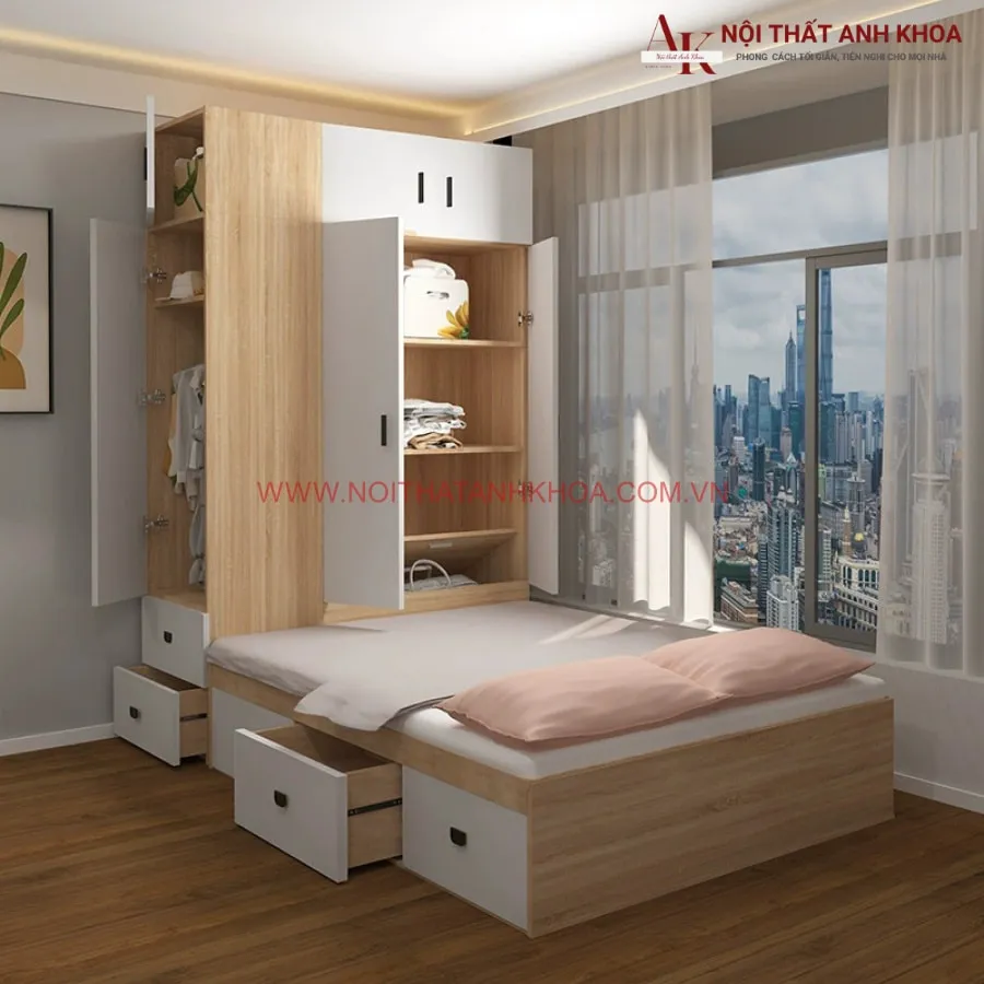 Tủ Liền Giường Thông Minh Gỗ Công Nghiệp Tối Giản Tiện Nghi