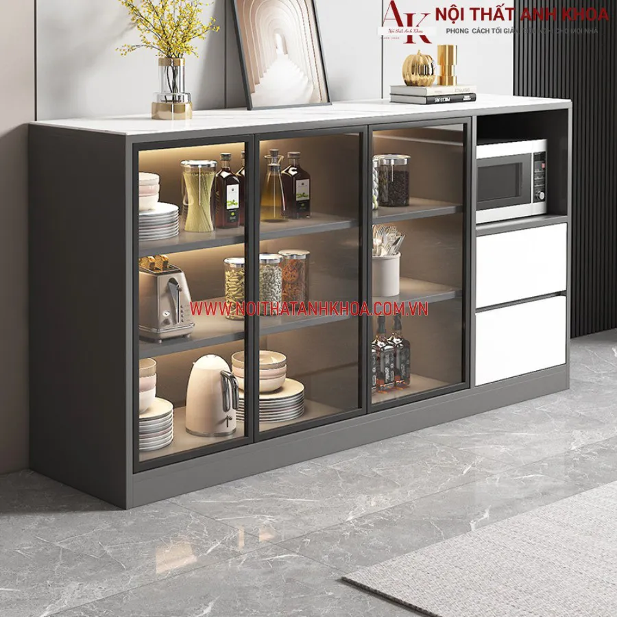Tủ Nhà Bếp Đa Năng Gỗ MDF Kết Hợp Cánh Kính Đẹp Hiện Đại