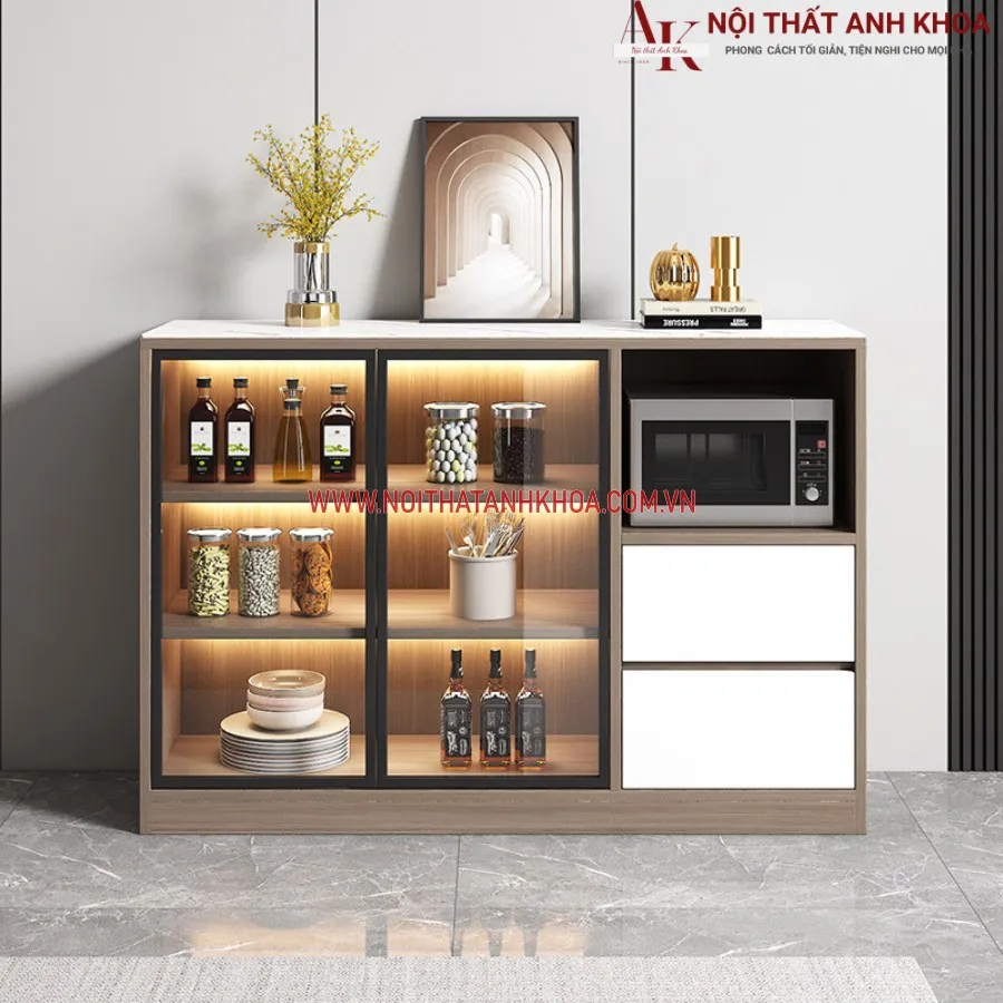Tủ Nhà Bếp Đa Năng Gỗ MDF Kết Hợp Cánh Kính Đẹp Hiện Đại