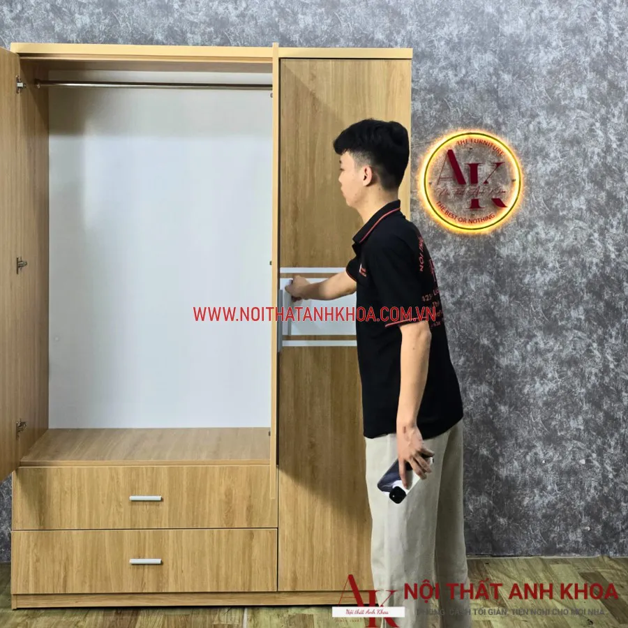 Tủ Quần Áo 3 Cánh Gỗ Công Nghiệp Màu Vàng Vân Gỗ Đẹp Giá Rẻ