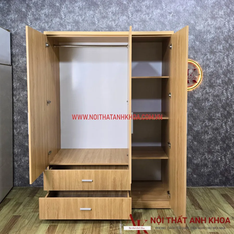 Tủ Quần Áo 3 Cánh Gỗ Công Nghiệp Màu Vàng Vân Gỗ Đẹp Giá Rẻ