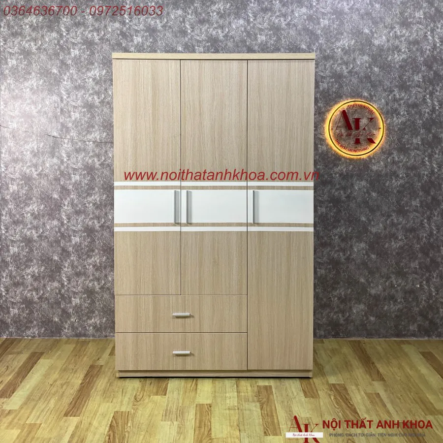 Tủ Quần Áo 3 Cánh Màu Kem Phối Sọc Gỗ MDF Bền Đẹp