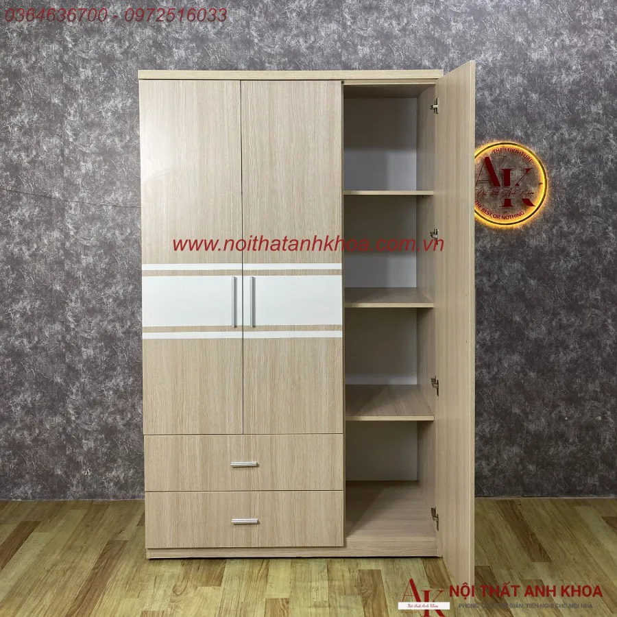 Tủ Quần Áo 3 Cánh Màu Kem Phối Sọc Gỗ MDF Bền Đẹp