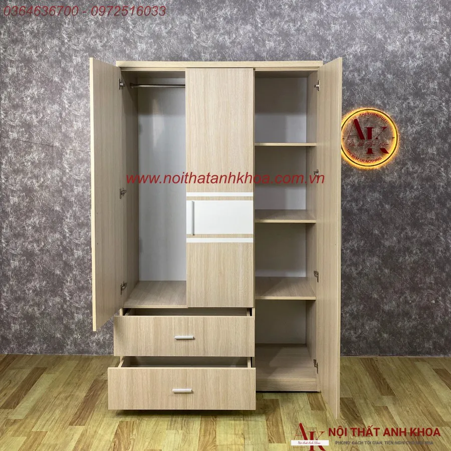Tủ Quần Áo 3 Cánh Màu Kem Phối Sọc Gỗ MDF Bền Đẹp