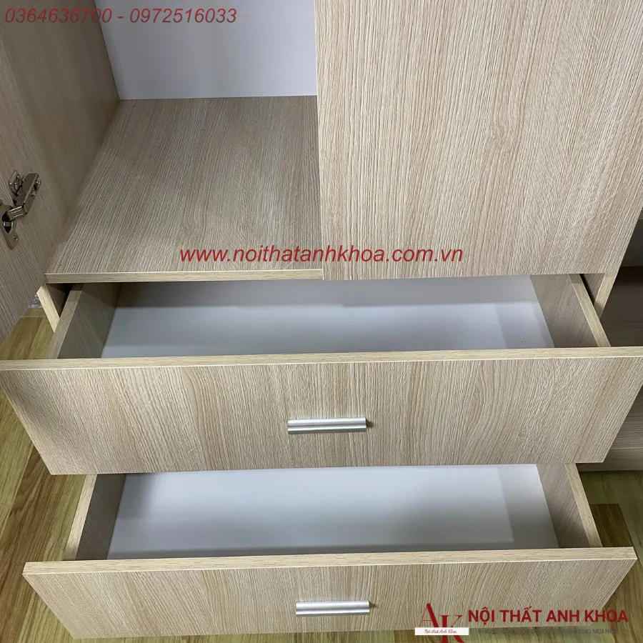 Tủ Quần Áo 3 Cánh Màu Kem Phối Sọc Gỗ MDF Bền Đẹp