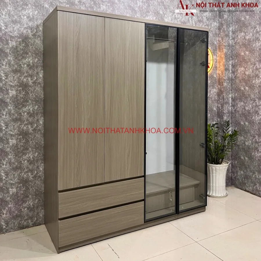 Tủ Quần Áo 4 Cánh Gỗ Công Nghiệp Kết Hợp Cánh Kính Hiện Đại