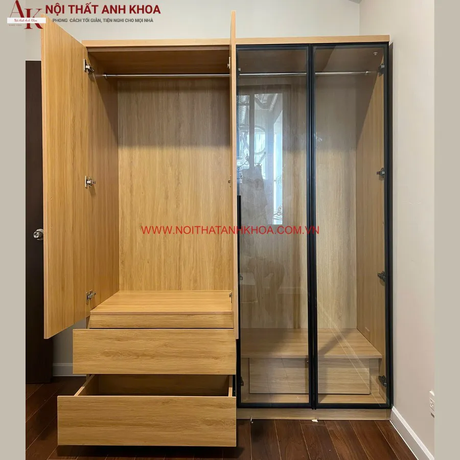 Tủ Quần Áo 4 Cánh Gỗ Công Nghiệp Kết Hợp Cánh Kính Hiện Đại