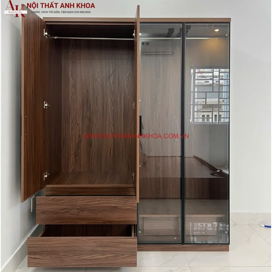 Tủ Quần Áo 4 Cánh Gỗ Công Nghiệp Kết Hợp Cánh Kính Hiện Đại