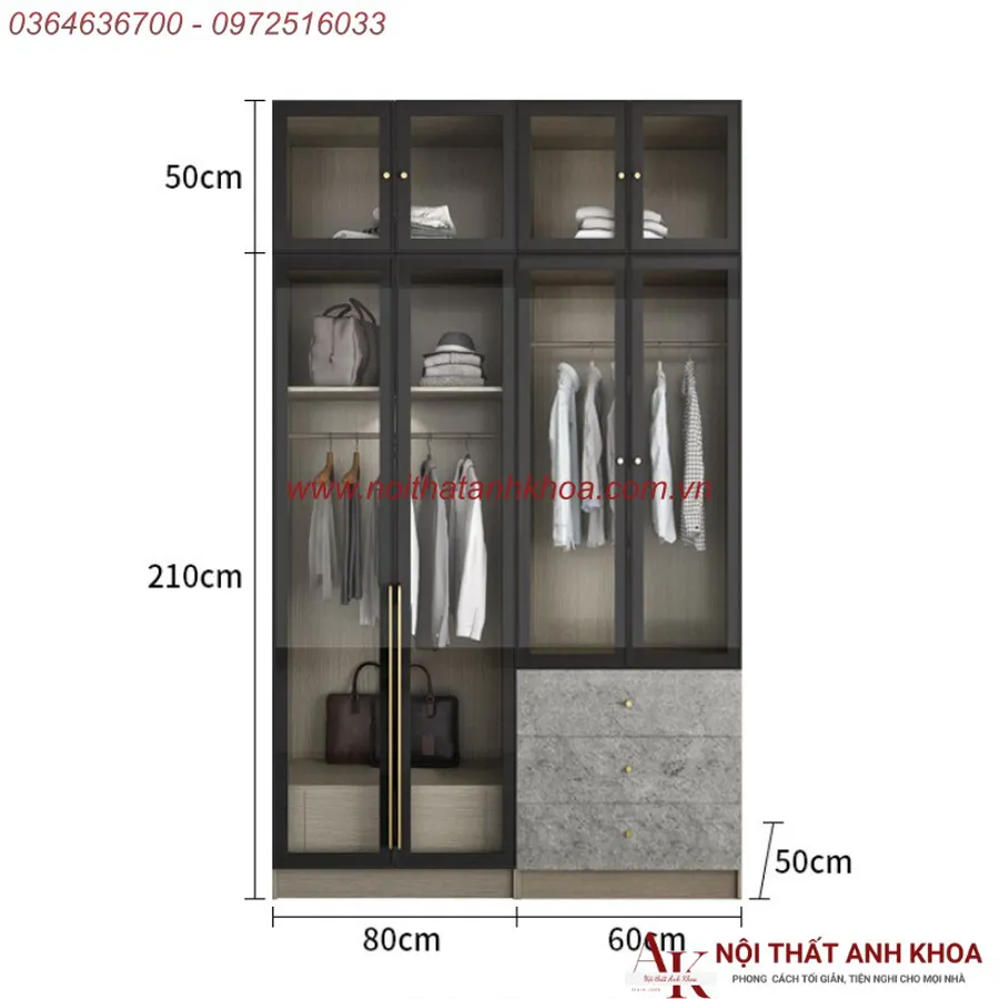 Tủ Quần Áo Cánh Kính Cường Lực Gỗ MDF Thiết Kế Sang Trọng Đẹp Mắt