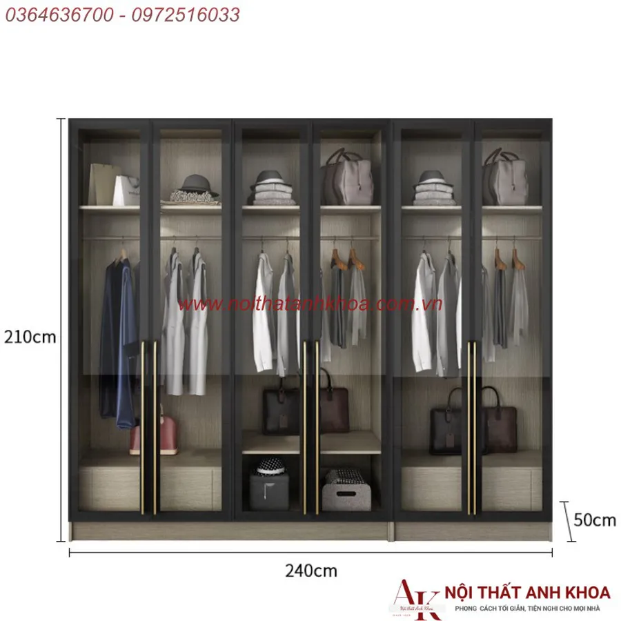 Tủ Quần Áo Cánh Kính Cường Lực Gỗ MDF Thiết Kế Sang Trọng Đẹp Mắt