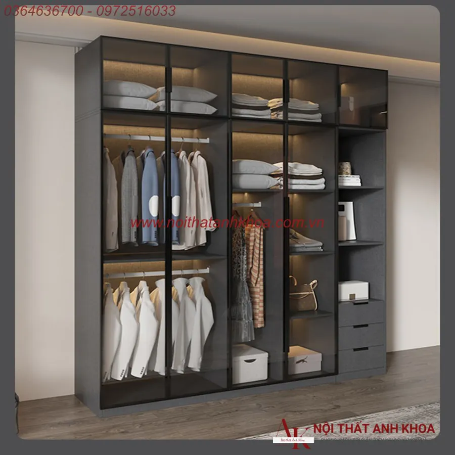 Tủ Quần Áo Cánh Kính Gỗ MDF Có Đèn LED Cao Cấp Đẹp Hiện Đại