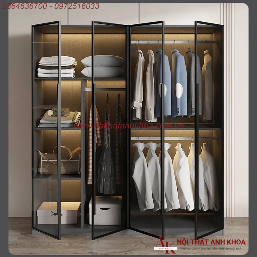 Tủ Quần Áo Cánh Kính Gỗ MDF Có Đèn LED Cao Cấp Đẹp Hiện Đại