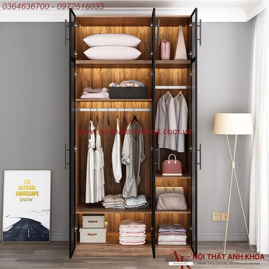 Tủ Quần Áo Cánh Kính Gỗ MDF Màu Nâu Vân Gỗ Phối Đèn LED Đẹp Sang Trọng