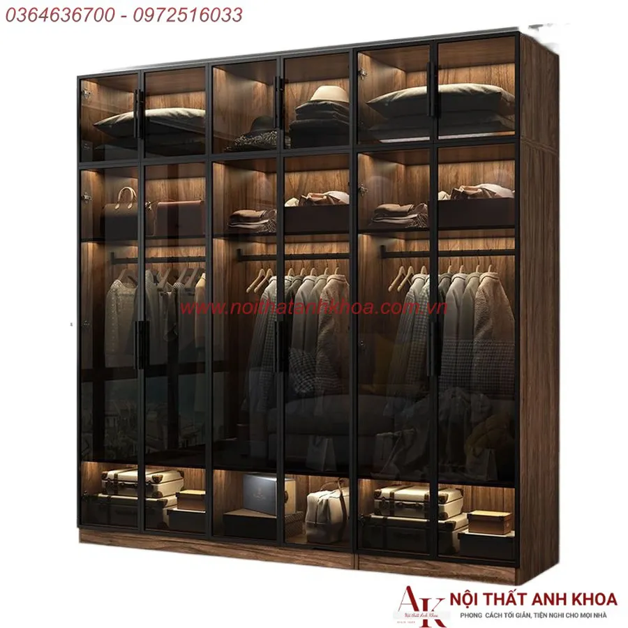 Tủ Quần Áo Cánh Kính Gỗ MDF Màu Nâu Vân Gỗ Phối Đèn LED Đẹp Sang Trọng