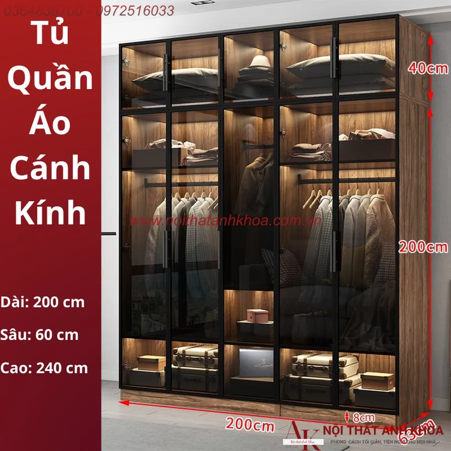 Tủ Quần Áo Cánh Kính Gỗ MDF Màu Nâu Vân Gỗ Phối Đèn LED Đẹp Sang Trọng