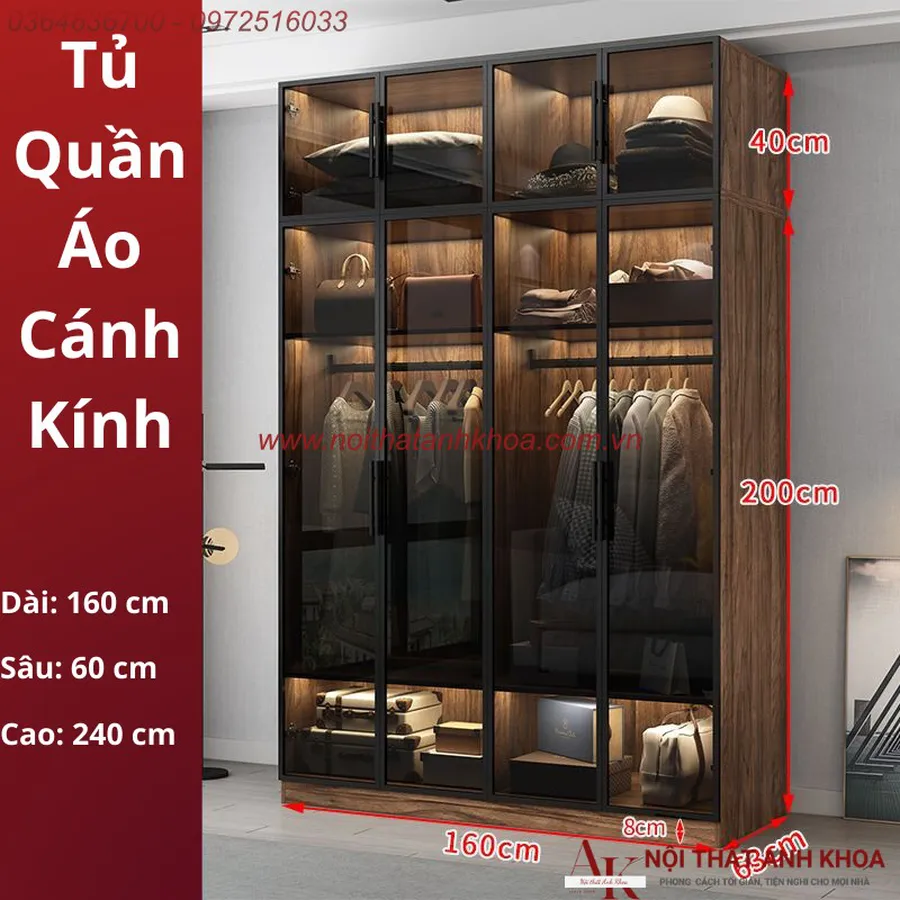 Tủ Quần Áo Cánh Kính Gỗ MDF Màu Nâu Vân Gỗ Phối Đèn LED Đẹp Sang Trọng