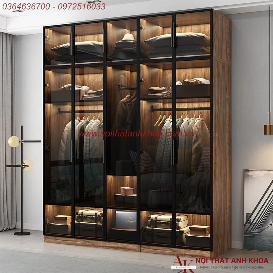 Tủ Quần Áo Cánh Kính Gỗ MDF Màu Nâu Vân Gỗ Phối Đèn LED Đẹp Sang Trọng